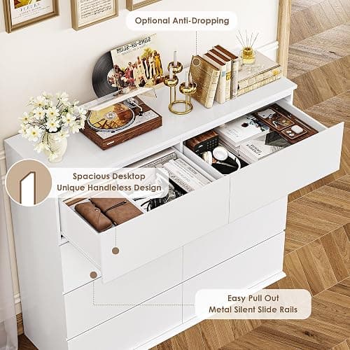 FINETONES 8 Drawer Dresser for Bedroom, White Dresser Double Chest of Drawers, Modern Wood Dressers with Deep Drawers for Living Room,White thumbnail 6