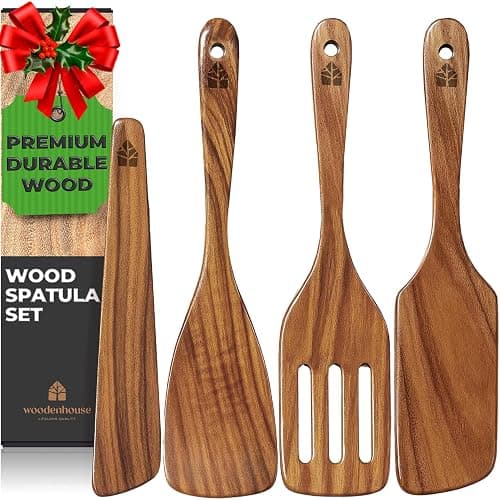 Wooden Spatula for Cooking, Teak Spatulas for Kitchen Use - Wooden Cooking Utensils Set of 4 including Paddle, Turner, Slotted Spurtle and Wood Scraper. Nonstick cookware, Kitchen Gifts for Women Men - Image 1