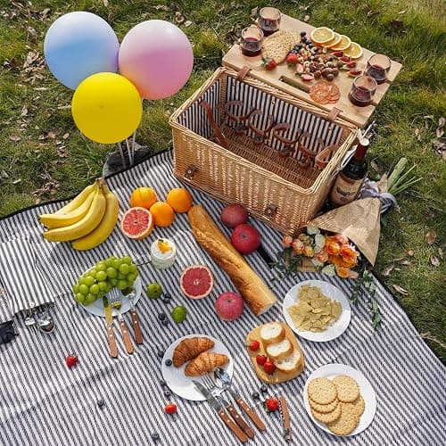 Panier de pique-nique en osier pour 4 ou 4 personnes - Kit de pique-nique en osier avec couverture, table portable en bambou pour le camping et les fêtes en plein air thumbnail 2