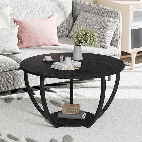 HOMERECOMMEND Round Coffee Table,23.6" Circle Coffee Table with Storage,2-Tier Wood Coffee Tables for Living Room, Accent Center Table,Sofa Table for Home Office, Black Coffee Table thumbnail 3