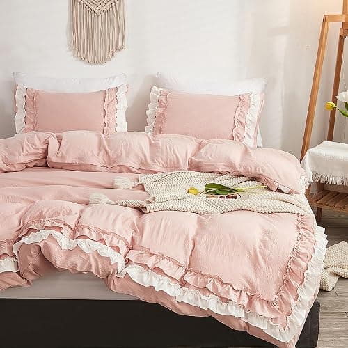 GETIYA Rosa Rüschen Bettwäsche 200x220 Weich Mikrofaser Bettwäsche Teenager Mädchen Damen Bettbezug Rüschen Dekoration Romantisch Rosa Bettwaesche Doppelbett mit 2 Kissenbezug 80x80 - Image 1