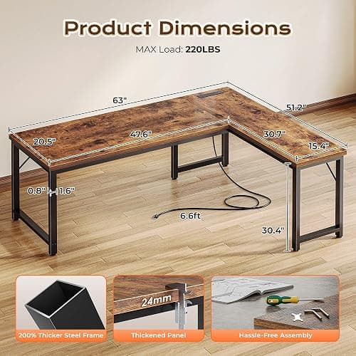 Huuger 63 Inch L Shaped Desk with Power Outlets & 0.95 Inch Thicker Desktop | Reversible Computer Desk, Larger Office Corner Gaming Desk, Metal Frame, for Home Office, Study, Rustic Brown thumbnail 3