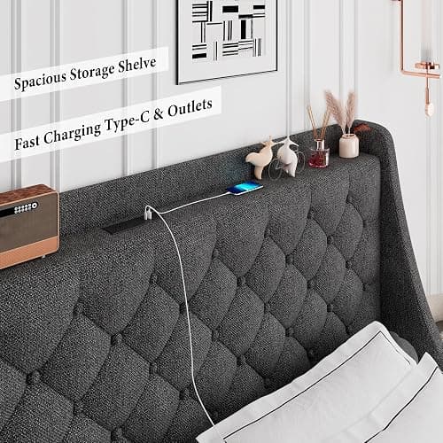 iPormis Queen Bed Frame with 4 Storage Drawers, Upholstered Platform Bed Frame with Type-C & USB Ports, Wingback Storage Headboard, Solid Wood Slats, No Box Spring Needed, Dark Gray thumbnail 5