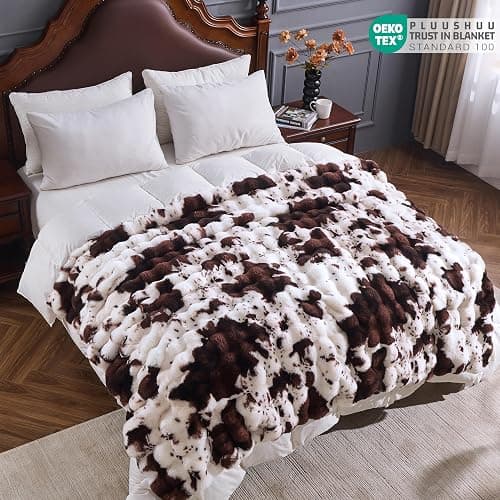 PLUUSHUU Faux Fur Throw Blanket for Couch, Fluffy Fuzzy Plush Bubble Blanket, Soft Warm Cozy Shaggy Rabbit Blanket, Luxury Decorative Gifts for Sofa Bedroom Living Room, 60x50inch (Cow Print-Brown) thumbnail 6