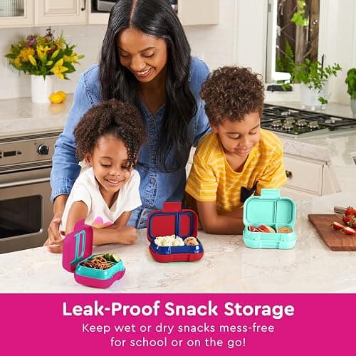 Bentgo Kids Snack - 2 Compartment Leak-Proof Bento Box Container for Snacks and Small Meals, Easy-Open Latch, Dishwasher Safe, BPA-Free for School, Daycare, & Sports - Ideal for Ages 3+ (Fuchsia/Teal) thumbnail 2