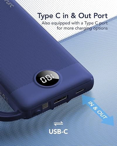 VRURC Portable Charger Buile-in 4 Cables 10000mAh, SlimPower Bank, 5 Output 2 Input Battery Pack, Built-in Micro & USB C Cables Compatible with iPhone 17,Samsung,Android-Navy Blue(1 Pack) thumbnail 5