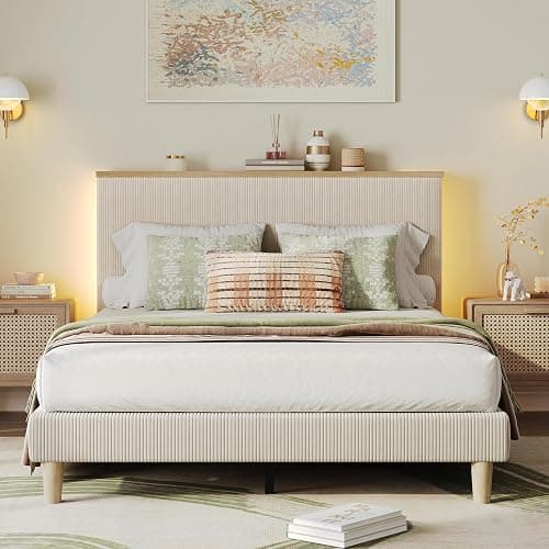 Bestier Queen Bed Frame with Adjustable Headboard & LED Lighting, Corduroy Upholstered Platform Bed Frame with Storage Shelf, Solid Wood Slats, No Box Spring Needed, Never Squeak, Easy Assembly, Beige - Image 1