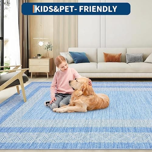 GarveeHome 8x10 Large Washable Area Rug Modern Bordered Distressed Geometric Floor Carpet, Soft Non Slip Low Pile Non Shedding Indoor Light Blue Carpet for Bedroom, Living Room thumbnail 7