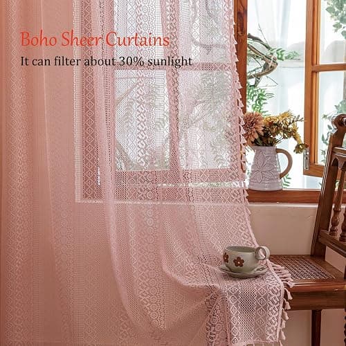 Sutuo Home Light Pink Boho Curtains 84 inches Long for Girls Bedroom Living Room,Lace Sheer Window Curtains Crochet Macrame Bohemian Valentine Farmhouse Vintage Tassels Rod Pocket,2 Panels 50" W thumbnail 4