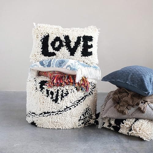 Creative Co-Op Woven Wool Shag Lumbar Pillow with Love Design, Black and Cream thumbnail 9