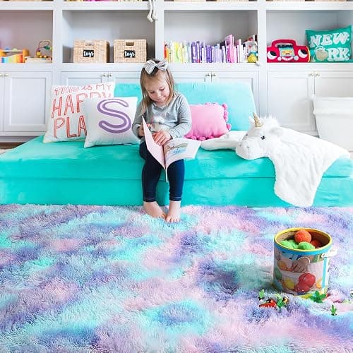 PAGISOFE Cute Furry Pastel Rug for Girls Bedroom, Soft Purple Shag Tent Rugs for Livingroom, Kids Room, Playroom, Nursery, Home Decor, Plush Mermaid Kawaii Rug, Fluffy Fuzzy Carpet, 4x6 Area Rug - 4x6 Feet - Rainbow Purple thumbnail 9