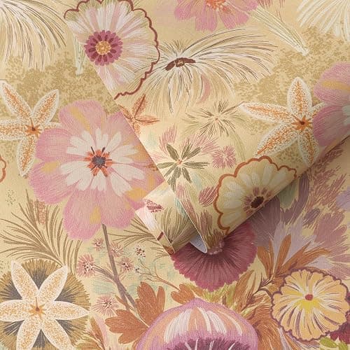 Ismoon Vintage Floral Peel and Stick Wallpaper Deep Beige Pink Contact Paper Jellyfish Starfish Stick on Wall Paper Removable Self Adhesive Vinyl Wallpaper for Bedroom Wall Cabinet Decor 17.3x78.7in - Image 1