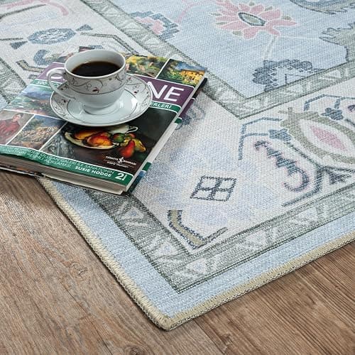 Fame Living Cream Blue Oushak Rug, Modern, Vintage, Turkish, Eclectic, Floral, Pastel, Washable, Area Rugs for Living Room, Dining, Bedroom, Office, Entryway, Foyer, Playroom, Nursery, 5'x6'9" thumbnail 8
