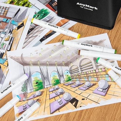 AnyMark Alcohol Markers, 120 Colors Dual Tip Art Coloring Markers Set for Kids Adult Book Drawing Sketching Painting, Chisel & Fine, White Penholder thumbnail 2
