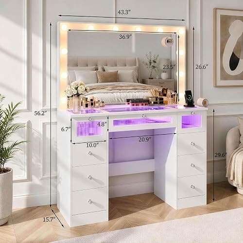 IFSEB Makeup Vanity Desk with Lights, White Vanity Glass Top, 36.9'' Mirror | 9 Drawers, 3 Color Bulbs, RGB Lighting, Charging Station, 10X Magnifying Mirror, Crystal Knobs, Hair Dryer Rack, Fir Wood thumbnail 2
