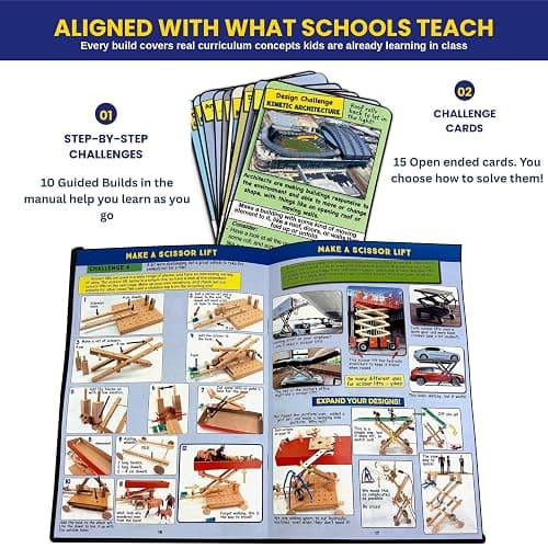PATHFINDERS Engineering Maker Set — Real Wood STEM Building Kit | Hydraulics, Gears, Levers & Pulleys | 10 Challenges + 15 Challenge Cards | Ages 8+ thumbnail 4