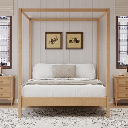 Merax Wooden Canopy Bed with Four Posters, Queen Size Canopy Bed Frame & 8.3" Storage Space Under Bed, Solid Wood Slats Support, No Box Spring Needed, Easy Assembly, Natural thumbnail 3