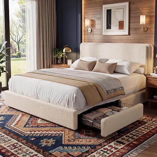 Garvee Full Size Teddy Fleece Bed Frame, Upholstered Platform Bed with 2 Storage Drawers, Height Adjustable Cloud Headboard, Thick Soft Teddy Fabric Bed, Modern Style, No Box Spring Required, Cream - Image 1
