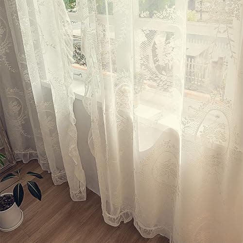 Deeprove Ivory Lace Curtains 84 Inches Long 2 Panels Set, French Cream Sheer Florals Scallop Ruffle Edge, Shabby Chic Vintage Window Treatment Pair Decor Drapes for Bedroom, Living Room, W57 x L84 thumbnail 5