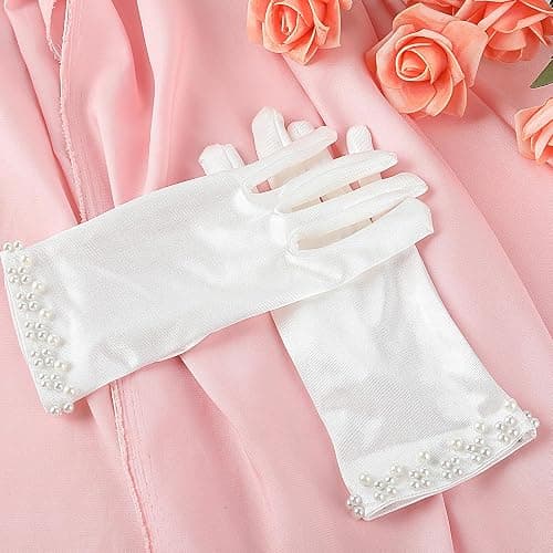 Trinkrittey White Satin Gloves - Women's Pearl Wedding & Tea Party Gloves for 1920s Fashion thumbnail 7