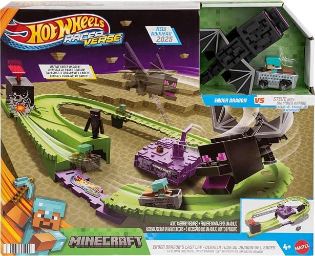 Hot Wheels Toy Car Track Set, RacerVerse Minecraft Playset & Die-Cast Diamond Armor Steve in Minecart Vehicle, Launch & Race to Defeat Ender Dragon thumbnail 6