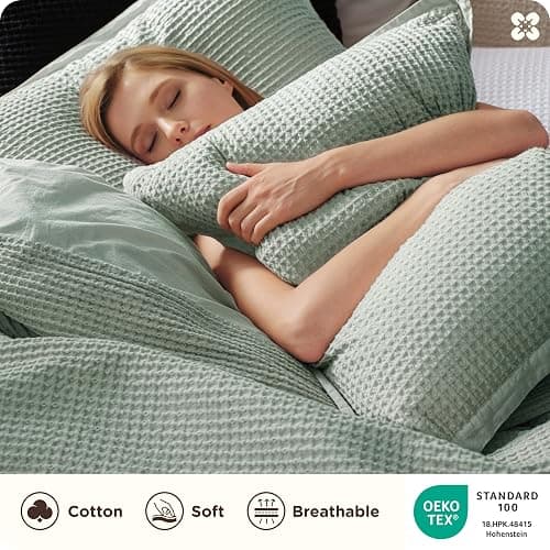 Bedsure Cotton Duvet Cover Queen - 100% Cotton Waffle Weave Sage Green Duvet Cover Queen Size, GentleSoft™ and Breathable Bedding Set for All Season, 3 Pieces, 90"x90" thumbnail 3