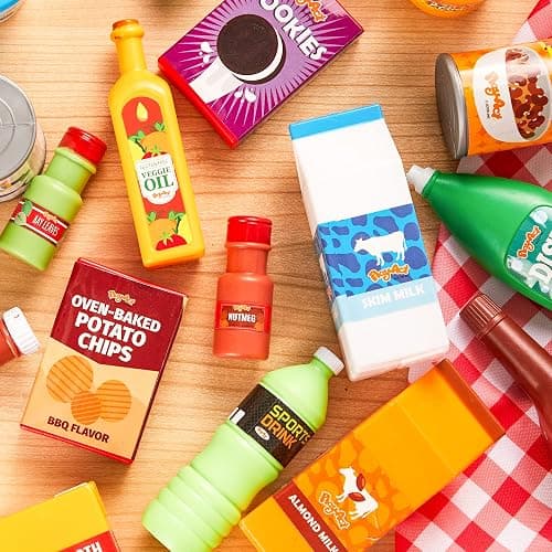 JOYIN 30Pcs Play Food Grocery Cans, Play Kitchen Accessories, Includes Drink, Juice, Jar, Seasoning, Water Bottle, Sauce, Yogurt, Ice Cream, Snack Box, Kids Gifts & Indoor Toys thumbnail 7