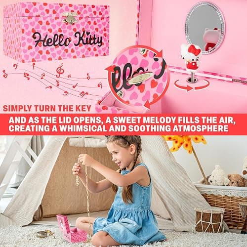 Hello Kitty Sanrio Musical Jewelry Box for Girls Teens Women Kawaii Wind Up Music Box Jewelry Organizer Ring Holder Gifts for Women (Pink thumbnail 5