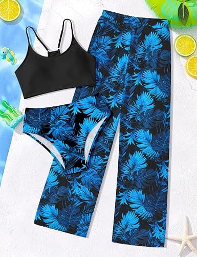 NECIOUS Girls Swimsuit, 3 Piece Bikini Bathing Suit Tropical Floral Swimwear with Cover Up Pants 7-16Y thumbnail 4