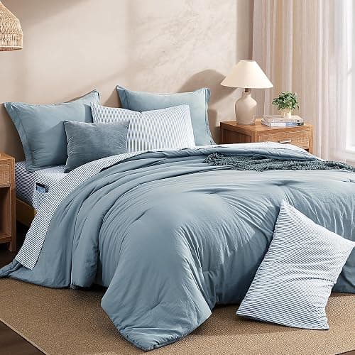 Monbix Queen Comforter Set - 7 Pieces Dusty Blue Prewashed Bed in a Bag Queen Bedding Sets with Comforters, All Seasons Ultra Soft Comforter Bed Set with Sheets,Pillowcases & Shams thumbnail 3