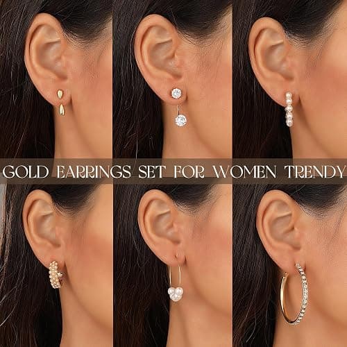 84 Pairs Gold Stud Earrings Set for Women Multipack, Fashion Pearl Cubic Zirconia Butterfly Earrings Packs Piercings, Hypoallergenic Stud Hoops Earrings for Gift thumbnail 3