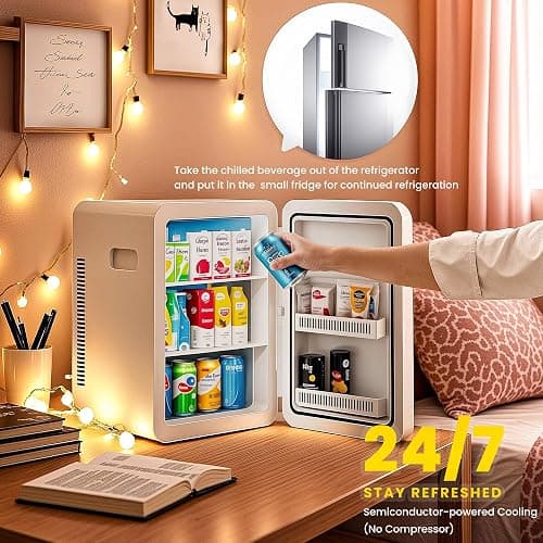 Kikihuose 22L/30Cans Mini Fridge for Bedroom, 12v DC Portable Cooler & Warmer, Mini Refrigerator with Glass Front, for Car Office Desk & Dorm Food Beverage Skincare Makeup (White) - White01 - 22L thumbnail 5