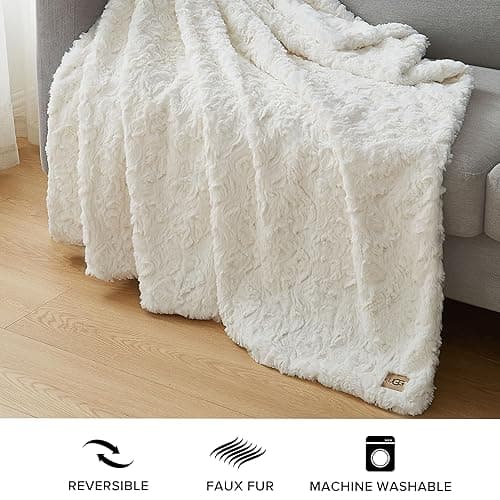 UGG 10483 Adalee Soft Faux Fur Reversible Accent Throw Blanket Luxury Cozy Fluffy Fuzzy Hotel Style Boho Home Decor Soft Luxurious Blankets for Couch, 50 x 70-inch, Natural - Throw - Ivory thumbnail 5
