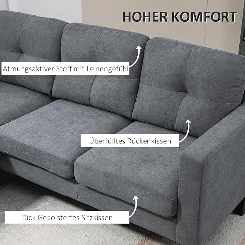 HOMCOM Ecksofa mit Umkehrbarer Chaiselongue Leinenoptik Dunkelgrau | Eck-Couch, Sofa in L-Form, Gepolstert, mit Federkern, Stahlrahmen, 186 x 130 x 84 cm thumbnail 4