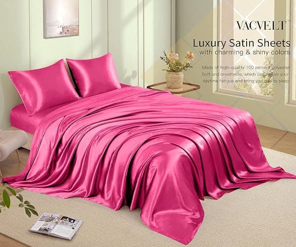 VACVELT 3pcs Hot Pink Satin Sheets Twin Size Bed Set, 15 Inch Deep Pocket Silky Satin Sheet Set, Soft Satin Bedding Set Cooling & Luxury Bed Sheets, 1 Fitted Sheet + 1 Flat Sheet + 1 Pillowcase thumbnail 3