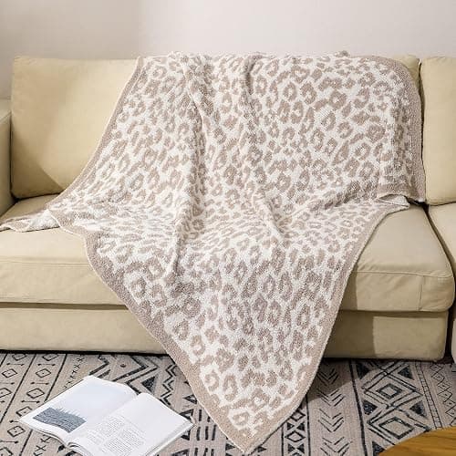 bearberry Fuzzy Leopard Knitted Throw Blanket Soft Cozy Warm Microfiber Blanket for Couch Sofa Bed Travel (Stone/Cream, 50"x60") thumbnail 8