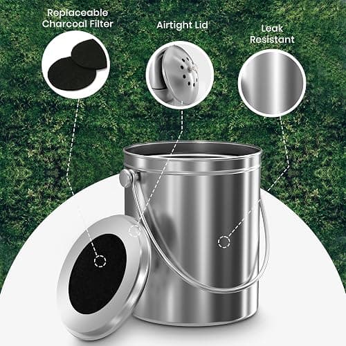 Utopia Kitchen Compost Bin for Kitchen Countertop, 1.3 Gallon Compost Bucket for Kitchen with Lid, Includes 1 Spare Charcoal Filter, Home Essentials - (Silver) - 1.3 Gallon (Pack of 1) - Silver thumbnail 4