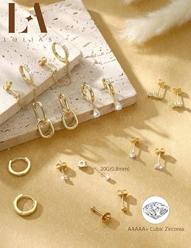 LOLIAS Hypoallergenic 14K Gold Plated Hoop Stud Earring Stacks for Women Trendy - Chain Cartilage Earrings Cute Silver Huggie Earrings Sets for Multiple Piercing Jewelry Lightweight 8Pairs thumbnail 7