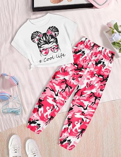 CRISONE Girls 2 Piece Outfits Kids Clothes Cute Cool Girl Crop Tops + Camouflage Pants Summer Clothing Sets - 7-8 Years - Pink & Red thumbnail 4