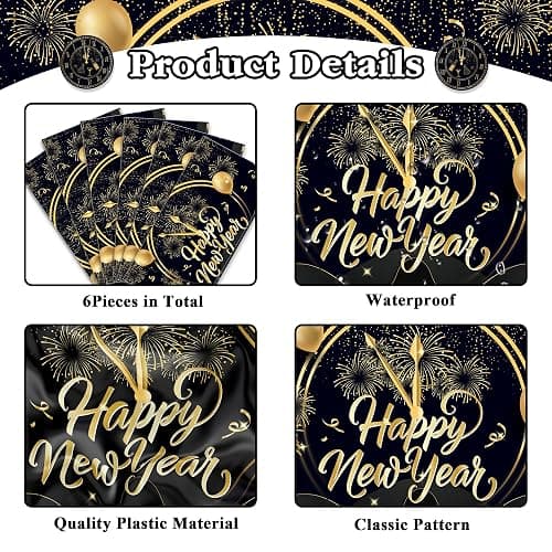 6 Pcs Plastic Happy New Year 2026 Table Runners - 14" x 108" Fireworks Balloon Christmas Winter Party Decoration - Black Gold Stars Clock Disposable Table Runner for Happy New Year Winter Table Decor thumbnail 4