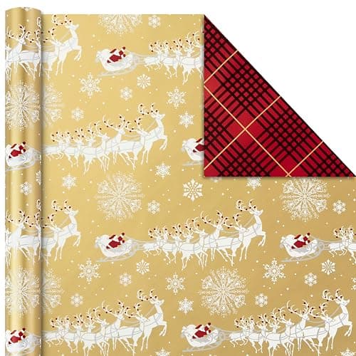 Hallmark Christmas Wrapping Paper Rolls - Traditional Holiday Gift Wrap Paper (Set of 3 Reversible Rolls: 120 sq. ft. Ttl) Red and Gold Snowflakes, Stripes, Plaid, Santa's Sleigh thumbnail 6