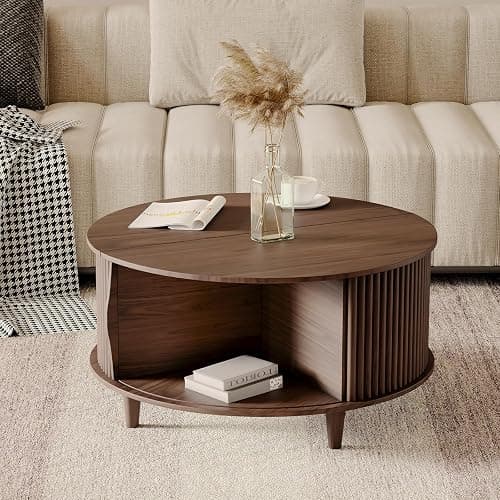 JOINICE,Round Coffee Table with Storage,Fluted Center Table with Sliding Cabinet Door for Living Room,Home Small Space,31.5" Small Center Table,Walnut - Round - Walnut thumbnail 5