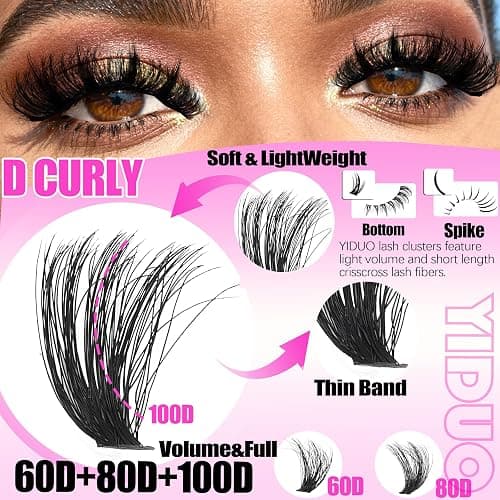 YIDUO Lash Clusters Kit with Spikes Bottom clusters Eyelash Extensions 808Pcs with 2X Bond&Seal 60D/80D/100D 3D Volume D Curl Wispy DIY Individual Lashes Large Pack for Beginners Choice thumbnail 3
