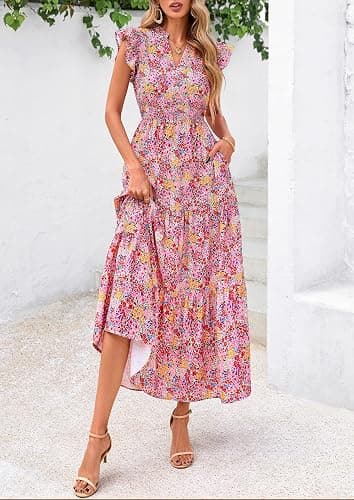 PRETTYGARDEN Women's 2026 Summer Floral Midi Dress Cap Sleeve V Neck Ruffle Long Flowy Boho Casual Beach Vacation Dresses thumbnail 6