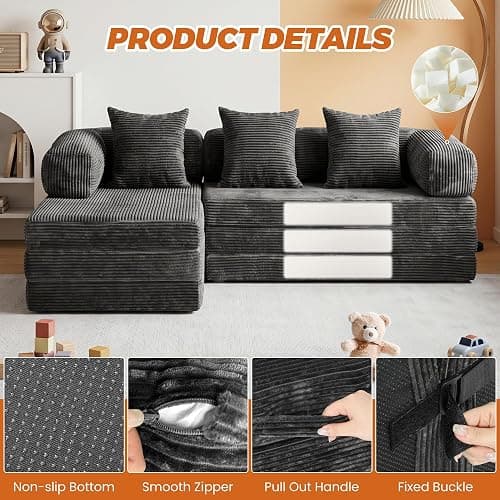 6-in-1 Boneless Couches L-Shaped Modular Sectional Sofa | Cloud Couch Sectional & Tri-Folding Mattress | Corduroy Pet-Friendly Convertible Sofa Bed with 800LB Capacity Apartment, Guest Room thumbnail 6
