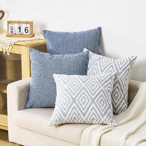 HPUK Throw Pillow Covers 18x18 Set of 4, Linen Look Textured Cushion Covers with Hidden Zipper, Decorative Pillow Covers for Couch Sofa Bed Living Room, Blue, Covers Only thumbnail 2