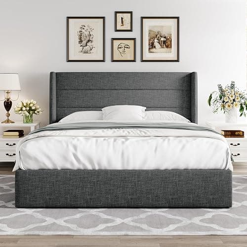 Allewie Queen Size Lift Up Storage Bed, Modern Wingback Headboard, Hydraulic Support, No Box Spring Needed, Dark Grey thumbnail 7