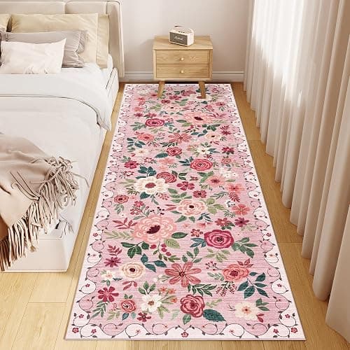 DUKINO 2x6 Kitchen Runner Rug for Hallway, Washable Runner Rug with Non Slip Backing, Low Pile Soft Boho Floral Carpet for Girls Room, Kitchen, Entryway, Laundry, Bedroom, Pink thumbnail 7