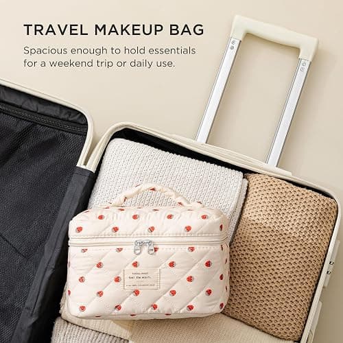 HBselect Large Quilted Makeup Bag for Women Cute Cotton Travel Cosmetic Bag | Floral Coquette Aesthetic Toiletry Organizer Bag with Handle, Portable Multifunctional Makeup Bag, Gifts for Bridesmaids thumbnail 6