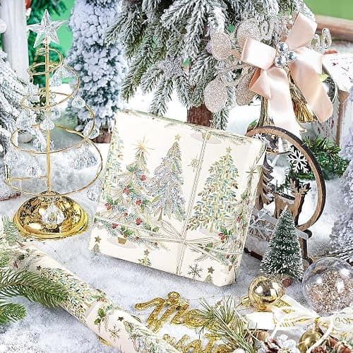 RUSEPEA Luxury Christmas Tree Wrapping Paper Roll, Mini Roll, Elegant Gold Foil Xmas Tree Gift Wrap Paper for Holiday Gifts, Party, DIY Crafts (17in x 16.4ft) thumbnail 6